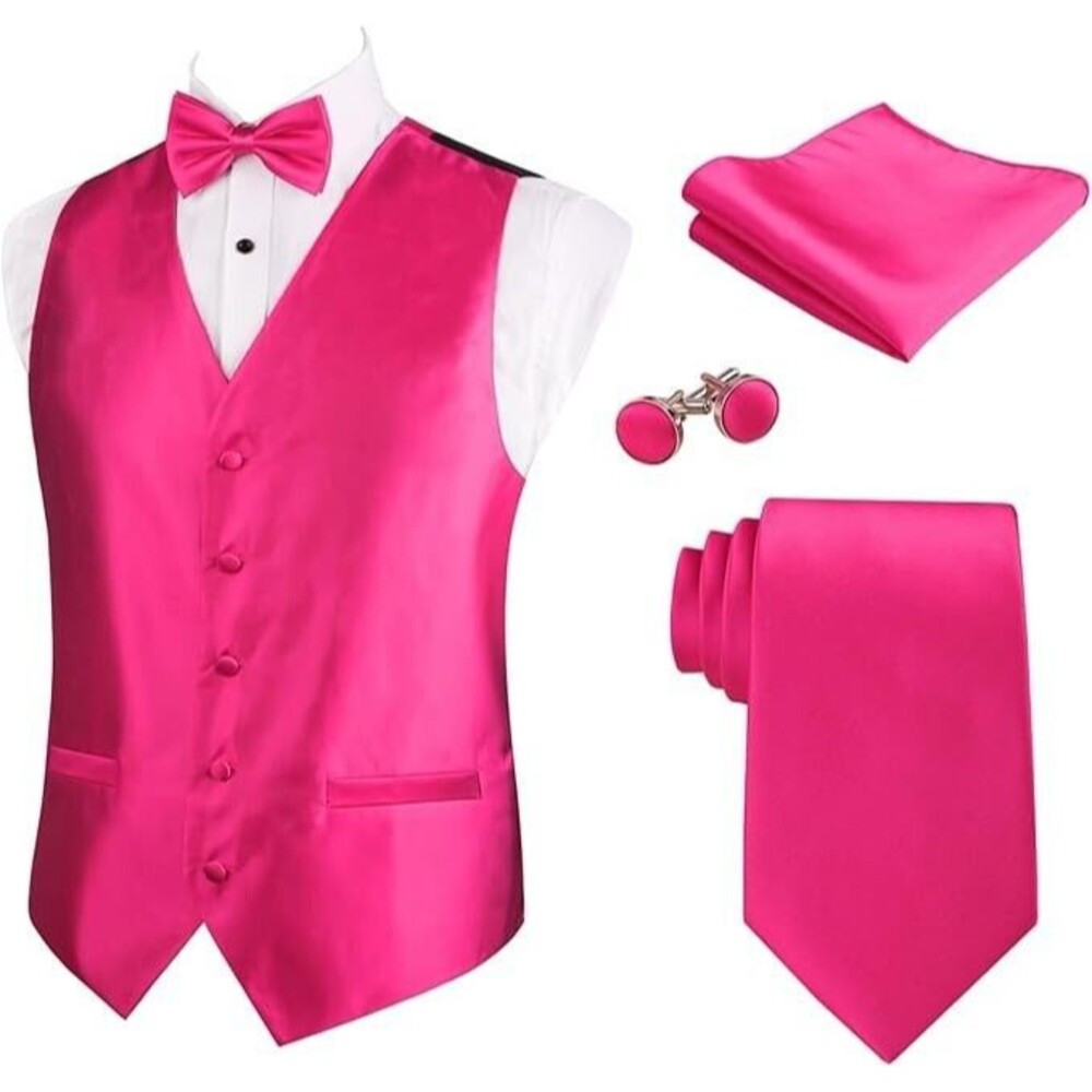 Mens Solid Color Satin Pre-tied Bow Tie, 9cm Necktie, Hanky, Cufflinks & Vest XL
